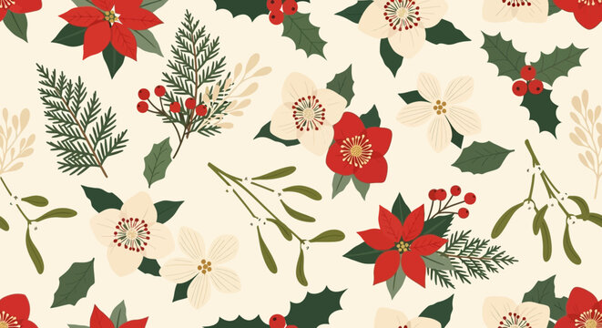 Festive Christmas floral pattern: poinsettias, holly, mistletoe, hellebores on cream background
