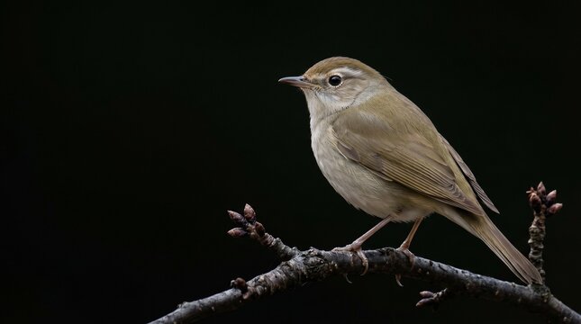漆黒の背景に凛と佇む日本の伝統美の象徴、ウグイス。奥ゆかしいオリーブ褐色の羽毛と静かに佇む枝の質感が、ドラマチックな陰影で浮かび上がるクローズアップポートレート