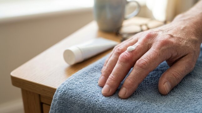 Close up of a senior man's hand with a dab of cream on the knuckle. Applying medicinal ointment for skin treatment. Healthcare and dermatology concept