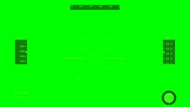 Futuristic fighter jet heads up display showing flight telemetry data for high speed aviation simulation motion footage overlay on green screen