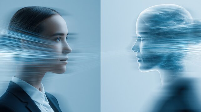Woman's profile facing abstract digital energy flow, representing artificial intelligence and human connection