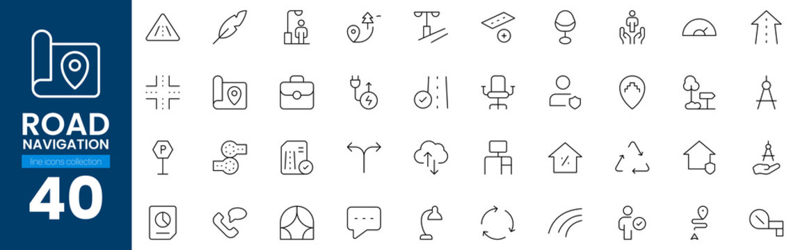 Road navigation line icons collection featuring traffic signs street maps and transportation logistics symbols.