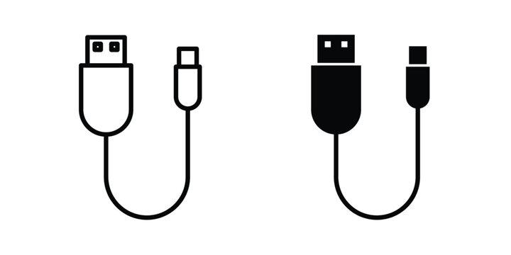 USB cable icon stroke and solid black editable vectors