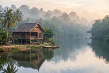 Fototapeta premium Authentic Kutai Perak House Beside Tropical River in Rural Malaysia