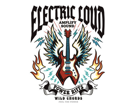Electric loud. Rock and roll guitar print design for t shirt poster sticker. Power riffs music graphic print.