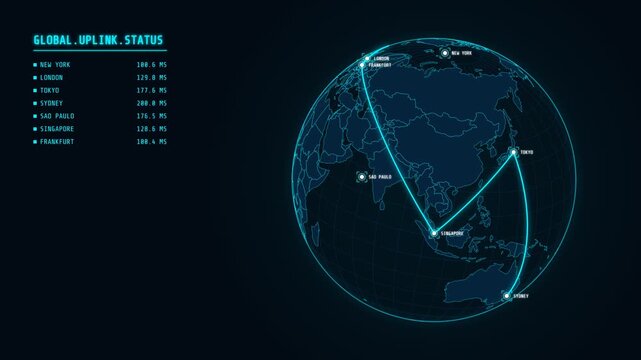 4K HUD World Map Global Data Network Visualization, 3D Sci-Fi Hologram Earth with Active Server Nodes