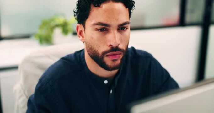 Man, reading and research in office with computer, update software or problem solving for web design. Programmer, person and review digital project in business with pc, planning and site development.