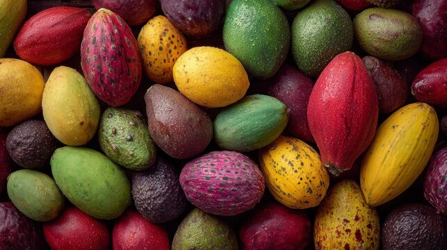 Bright, colourful cocoa beans floating in water would make an excellent backdrop for chocolate adverts or articles about tropical fruits.