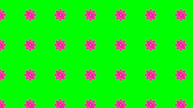 Pink floral geometric pattern animation featuring repeating rotating botanical shapes set against a vibrant bright green motion video background screen