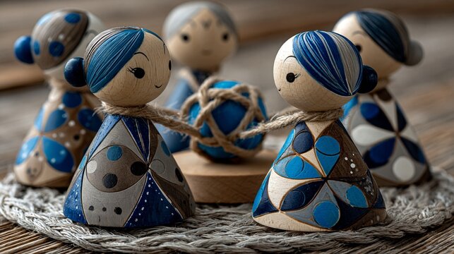 A group of wooden dolls with blue patterns, tied together with string, symbolises unity and would make an excellent backdrop for articles on relationship psychology or teamwork.