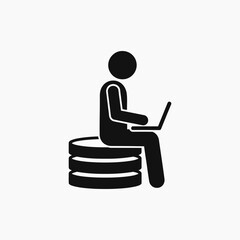 Person sitting on stacked databases using laptop for data management information technology and business analytics concept. © Fountain