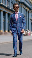 Fototapeta premium A confident man in a bright checked suit walks down the street, providing a stylish backdrop for men’s fashion magazines or clothing brand adverts.