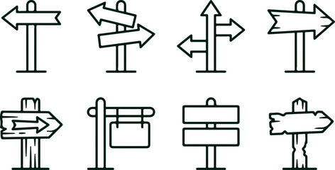Collection of wooden signpost icons pointing in various directions representing guidance choice and direction for design. © Sadhin