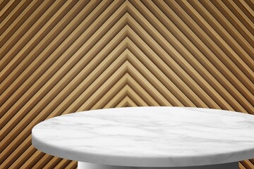 White Marble Round Table Against Wood Panel Background. © mesamong