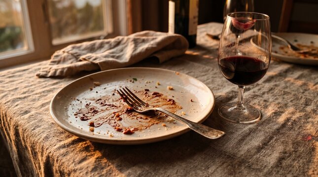 Leftover plate of food and dirty fork with red lipstick on wine glass