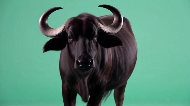 Majestic Black Water Buffalo Standing in Vibrant Teal Studio with Dramatic Lighting