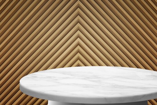 White Marble Round Table Against Wood Panel Background.