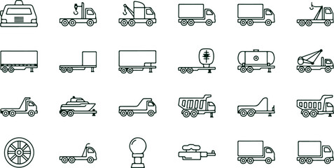 Collection of outline vehicles and trucks: flatbed trailers, dump trucks, tow trucks, semitrailers, pickup trucks, and utility vehicles in a simple linear design. © Sadhin