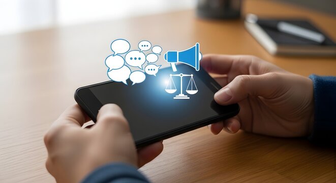 Law and social media concept with megaphone and scales