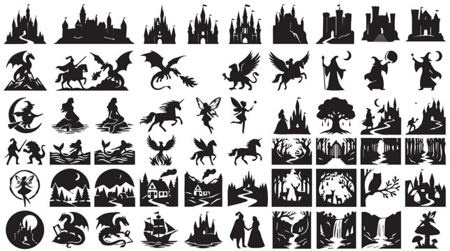 Fantasy silhouette icons set, medieval castle and dragon vector graphics, mythical creature and fairy tale character illustrations for storytelling