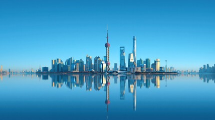 Naklejka premium Panoramic view of a modern city skyline with futuristic skyscrapers reflected in calm water under a clear blue sky