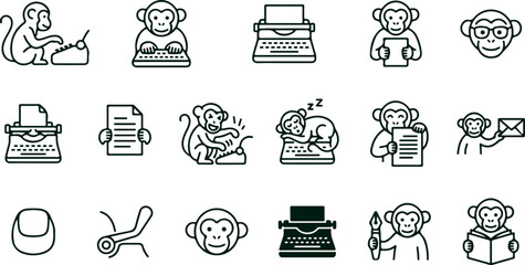 Set of funny cartoon monkeys in various poses and activities related to writing and typing with typewriters and papers. © Sadhin