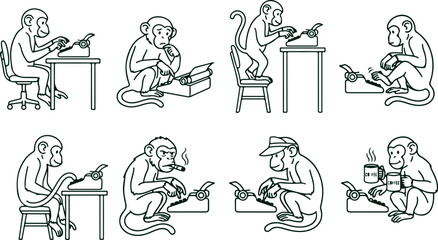 Monkeys working at typewriters with coffee and cigarettes illustrating infinite monkey theorem on checkered background. © Sadhin
