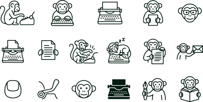 Set of funny cartoon monkeys in various poses and activities related to writing and typing with typewriters and papers.