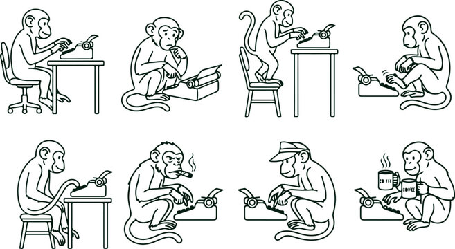 Monkeys working at typewriters with coffee and cigarettes illustrating infinite monkey theorem on checkered background.