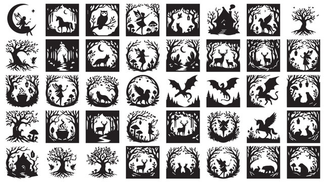 Enchanted forest silhouette icons, 40 mystical fairy tale vector elements, black and white fantasy creature illustrations for paper cutting