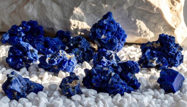 Dense clusters of deep blue raw lapis lazuli mineral specimens resting on a bed of white stones