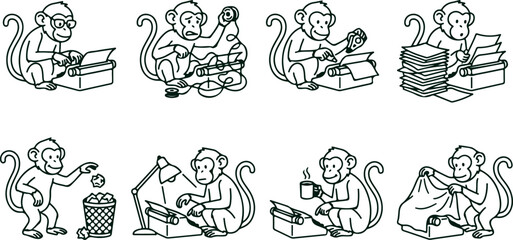Series of illustrations depicting a monkey interacting with a typewriter and office supplies showing various stages of work. © Sadhin