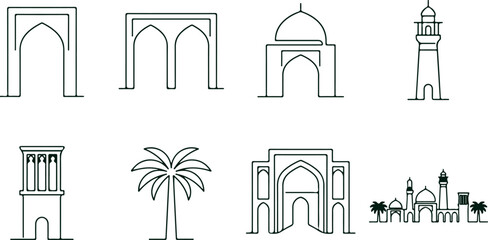 Architectural designs of Islamic buildings and landmarks featuring arches domes minarets and towers for cultural representation. © Sadhin