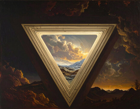 Surreal triangular portal opening to a dramatic sky and landscape