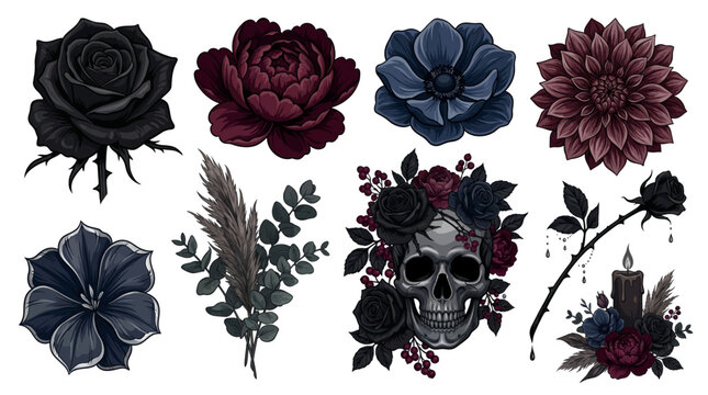 Dark Moody Gothic Florals Bouquet Illustration Vector Set with Black Rose Burgundy Peony Anemone Skull Dahlia and Dramatic Design