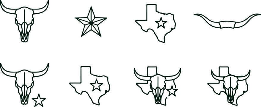 Texas state outline with star and longhorn skull and horns, rodeo and western usa culture symbol line art set.