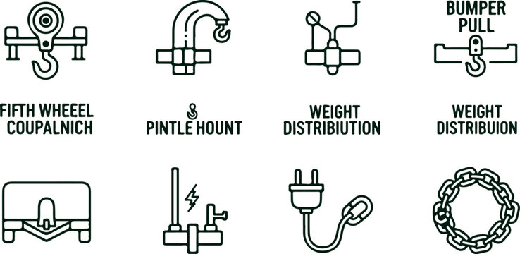 Set of vehicle towing equipment icons fifth wheel pintle mount weight distribution bumper pull chain and trailer hitch for automotive transport services.
