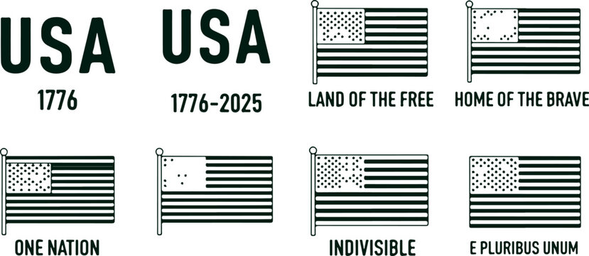 USA flag variations and text, America patriotic symbols, land of free, home brave, one nation indivisible, e pluribus unum, founding year.