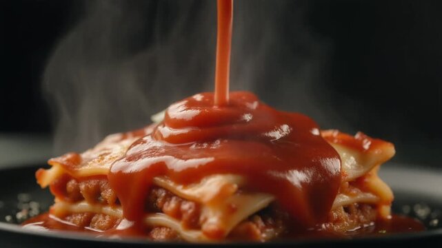 Extreme macro slow motion tomato sauce gently drizzled over lasagna slice, glossy texture, visible steam, dark elegant background, cinematic lighting, hyper realistic detail, premium restaurant commer