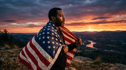 Fototapeta premium Man wrapped in American flag looks out over scenic landscape at sunset