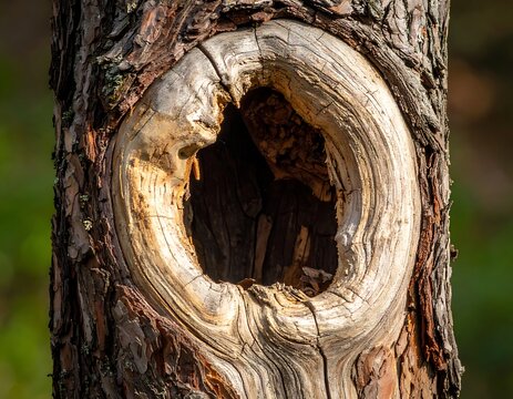 A tree trunk with a large, round, hollowed-out knot