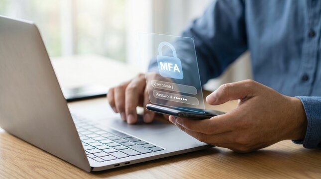 Multi factor authentication security system being activated on mobile phone held by person working at laptop to protect account access with authentication, security