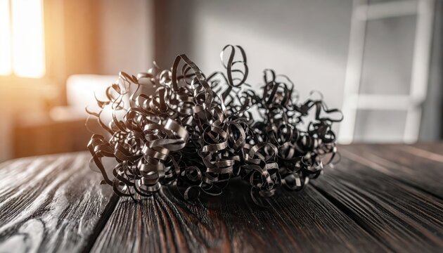 Pile of Shiny Metal Shavings with Curled Strands on a Dark Wooden Surface