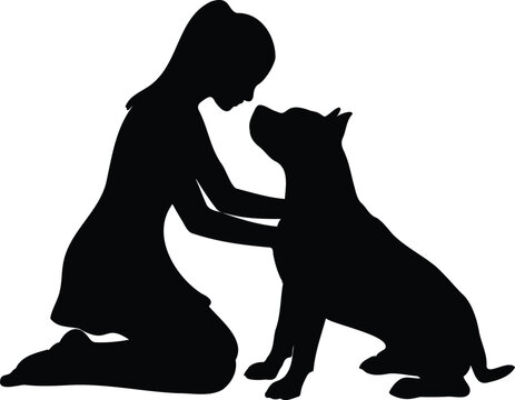 A heartwarming silhouette of a girl kneeling and lovingly interacting with her loyal pet dog a beautiful friendship bond