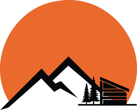 Minimalist modern cabin in nature with mountain range and orange sunset graphic vector illustration