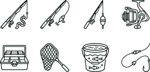 Fishing equipment set including rods, reels, tackle box, net, bucket with fish, and fishing line for angling hobby illustration. © Sadhin