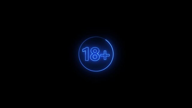 Blue Neon 18 Plus Symbol Glowing on Black Background eighteen plus age restriction