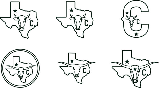 Texas shaped logos with longhorn cow and star emblems modern western design elements for branding and identity in minimalist style vector illustrations.