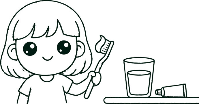 Cute cartoon girl brushing teeth with toothbrush toothpaste and glass of water simple line drawing for dental hygiene education kids health and wellness.