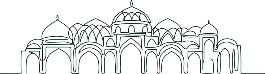 Traditional Islamic architecture with domes and arches, a beautiful historical mosque facade showcasing intricate details and symmetrical design. © Sadhin